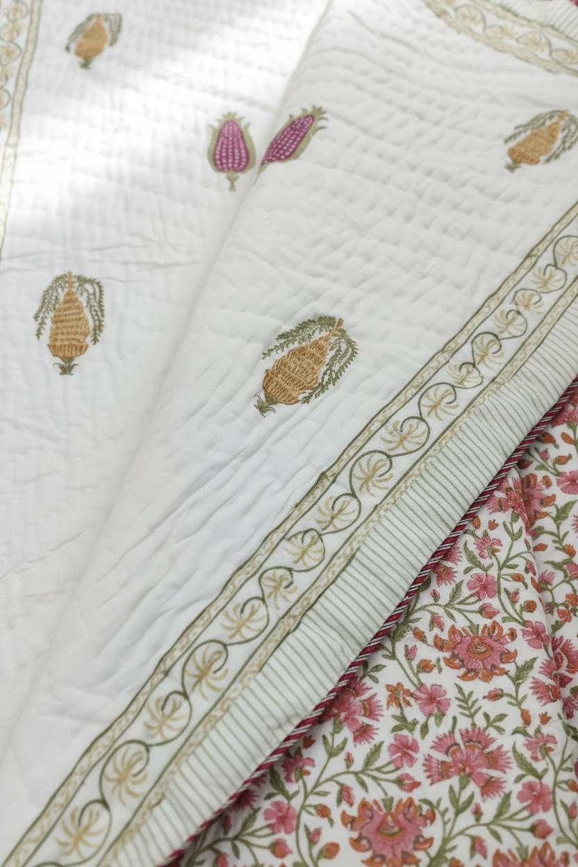 Corn Bloom — Reversible Hand-Block Cotton Quilt — photo 3