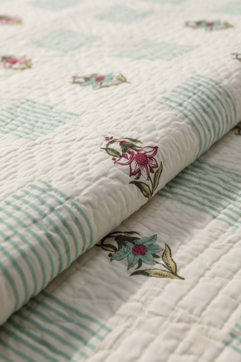 Aqua Iris — Reversible Hand-Block Cotton Quilt — photo 3