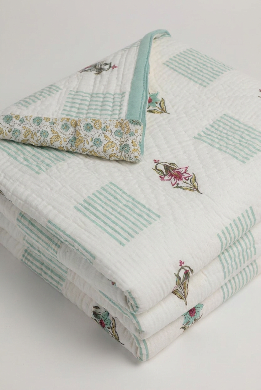 Aqua Iris — Reversible Hand-Block Cotton Quilt — photo 1
