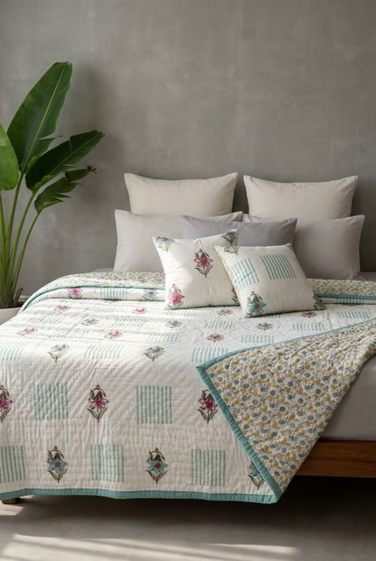 Aqua Iris — Reversible Hand-Block Cotton Quilt — photo 2