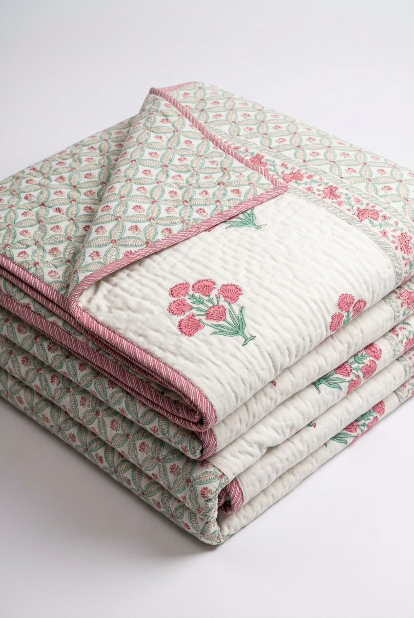 Carnation Sprig — Reversible Hand-Block Cotton Quilt — photo 1
