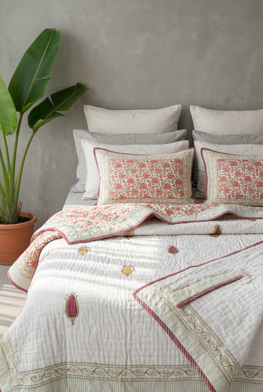 Corn Bloom — Reversible Hand-Block Cotton Quilt — photo 2