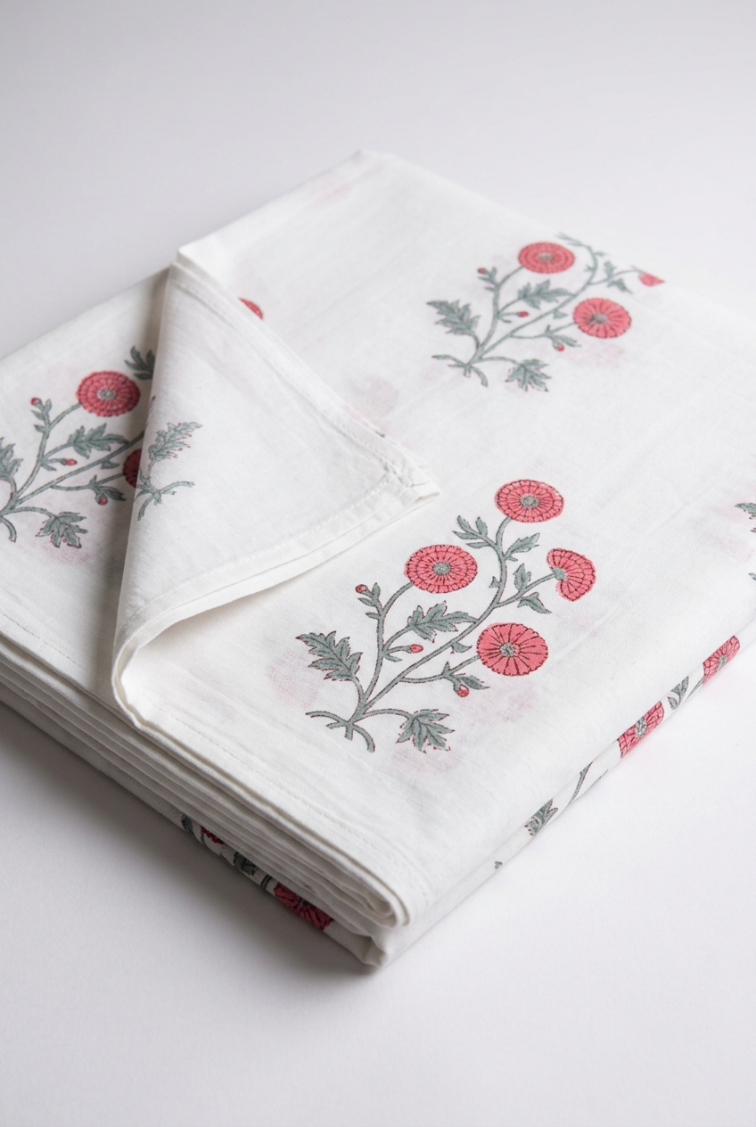 Coral Spray — Hand-Block Cotton Curtain Pair — photo 1