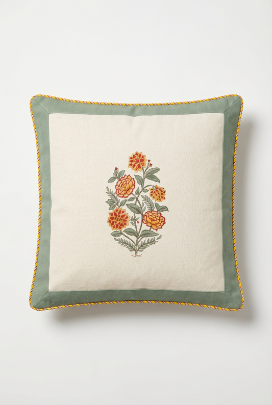 Marigold Bouquet — Hand-Block Cotton Cushion Cover — photo 3