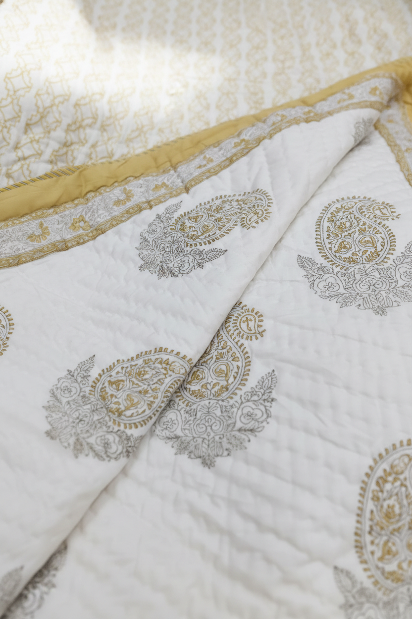 Golden Paisley — Reversible Hand-Block Cotton Quilt — photo 3
