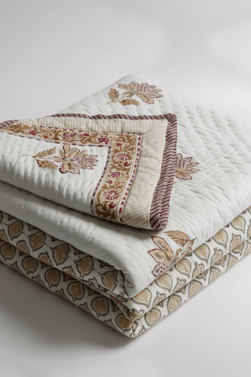 Ivory Bloom — Reversible Hand-Block Cotton Quilt — photo 1