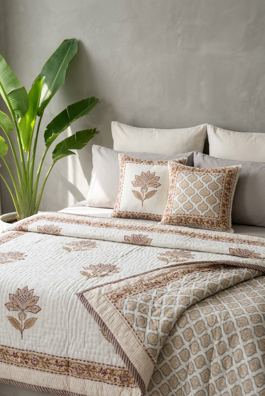 Ivory Bloom — Reversible Hand-Block Cotton Quilt — photo 2