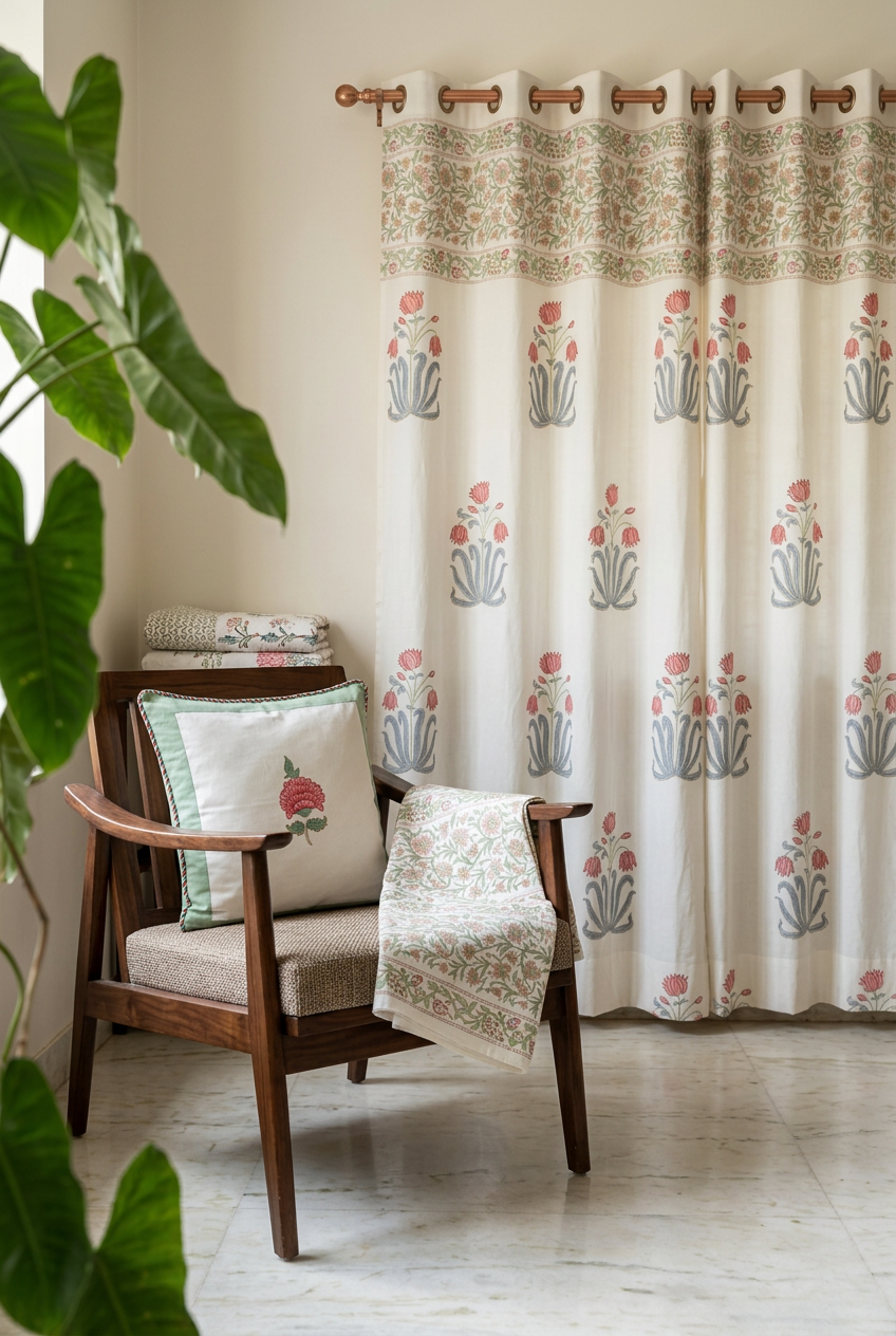 Cypress Spray — Hand-Block Cotton Curtain Pair — photo 2