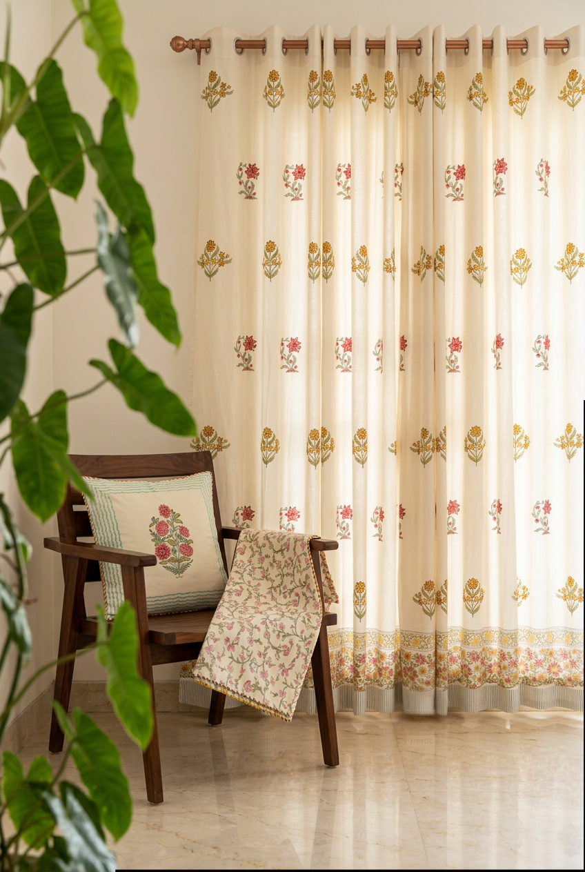 Honey Drift — Hand-Block Cotton Curtain Pair — photo 3