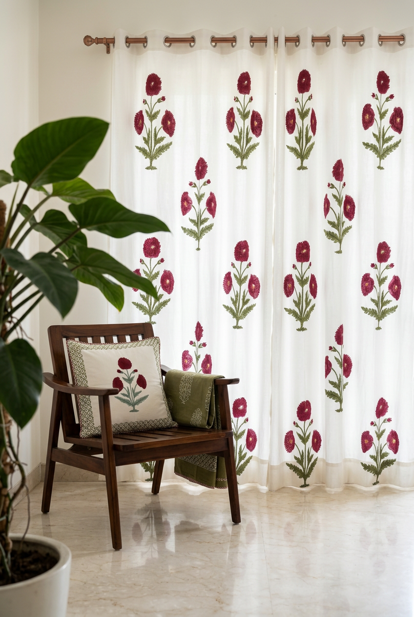 Ruby Cluster — Hand-Block Cotton Curtain Pair — photo 2