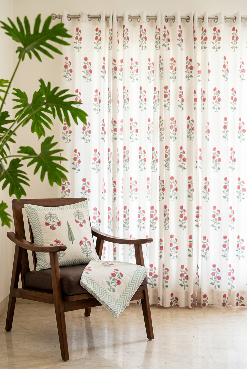 Coral Spray — Hand-Block Cotton Curtain Pair — photo 2