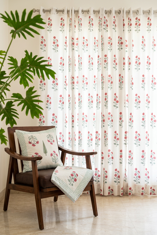 Coral Spray — Hand-Block Cotton Curtain Pair — photo 2