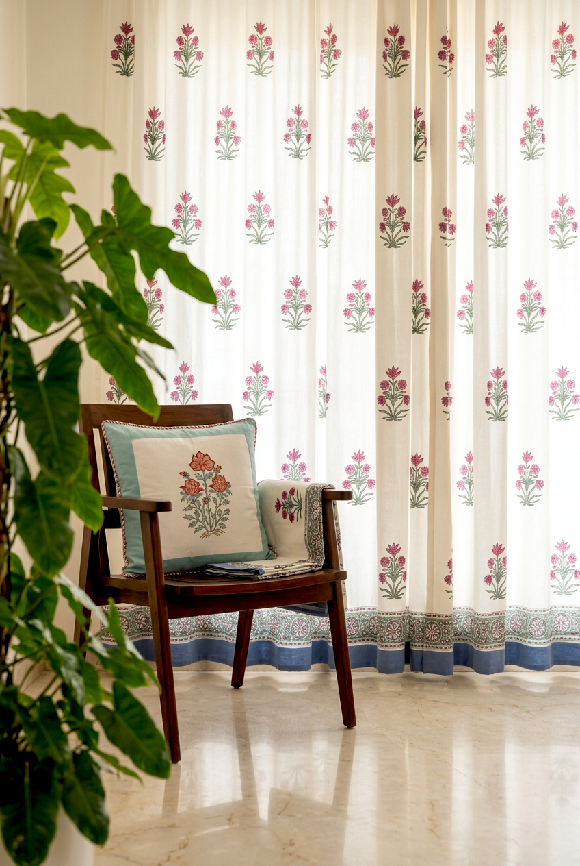 Garden Arches — Hand-Block Cotton Curtain Pair — photo 2