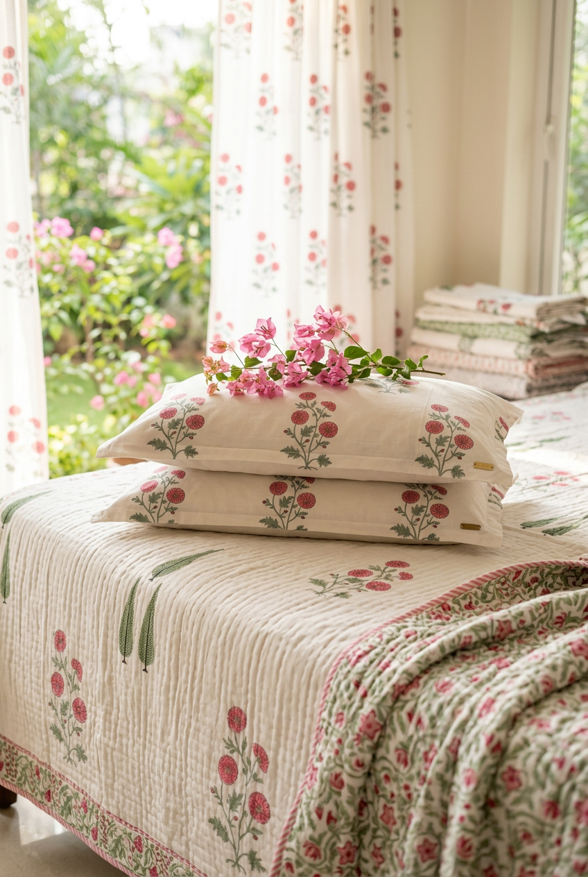 Coral Spray — Hand-Block Cotton Curtain Pair — photo 3