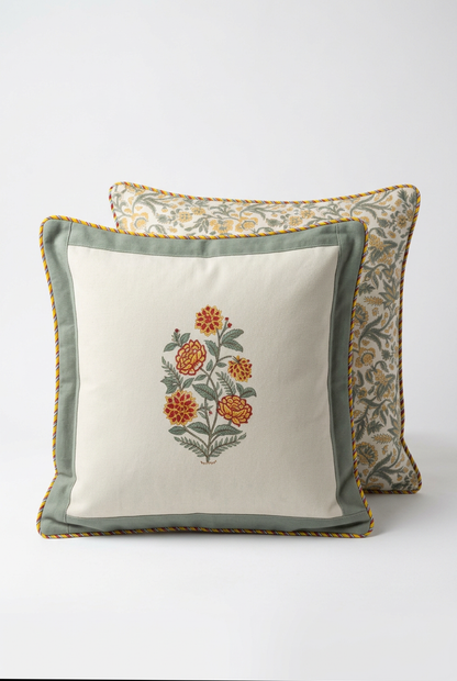 Marigold Bouquet — Hand-Block Cotton Cushion Cover — photo 4