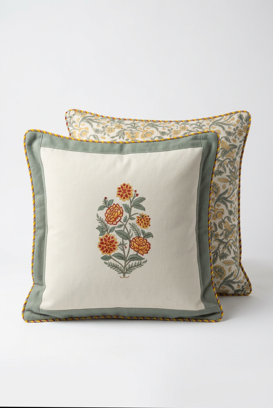 Marigold Bouquet — Hand-Block Cotton Cushion Cover — photo 4